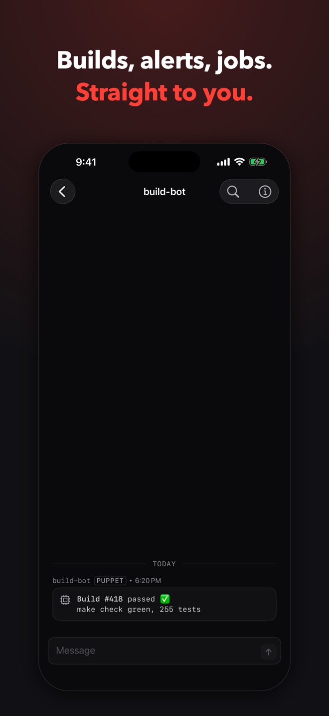 A puppet posting a build result